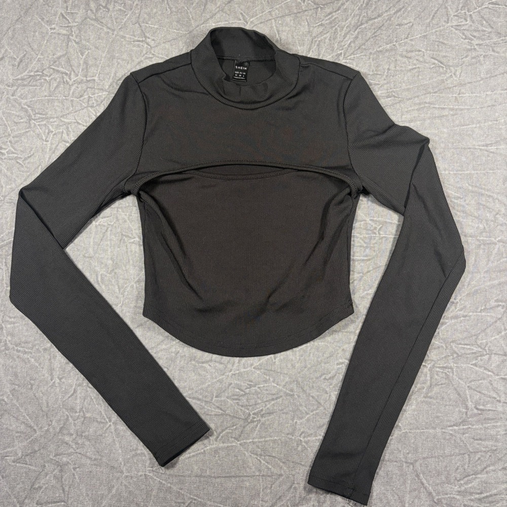 SHEIN Top Womens M Black Ribbed Cutout Mock Neck Long Sleeve Curved Hem Slim Fit